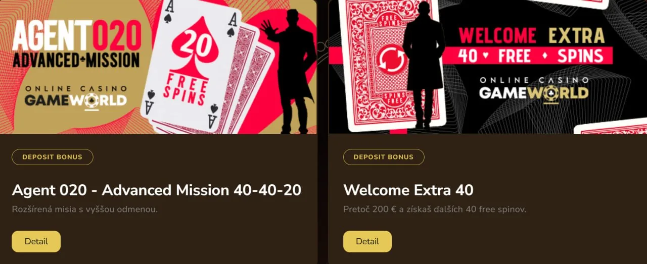 Ukážka promo misií GameWorldBet Casino: Agent 020 – Advanced Mission 40-40-20 s free spinmi a vkladový bonus Welcome Extra 40 s 40 free spinmi